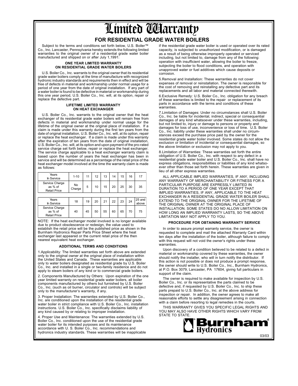 Limited warranty, For residential grade water boilers | Burnham Independence IN10 User Manual | Page 91 / 92