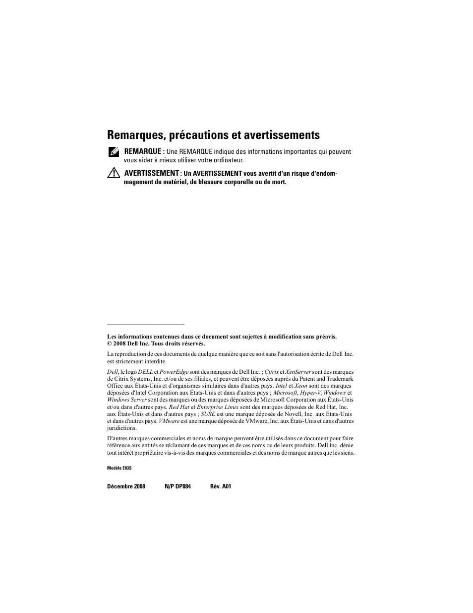 Remarques, précautions et avertissements | Dell PowerEdge T610 User Manual | Page 16 / 54