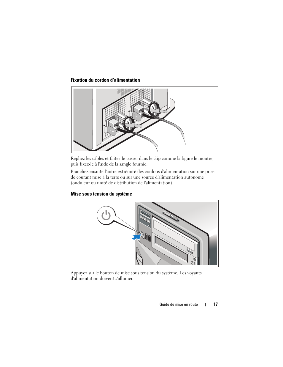 Fixation du cordon d'alimentation, Mise sous tension du système | Dell PowerEdge T610 User Manual | Page 19 / 54