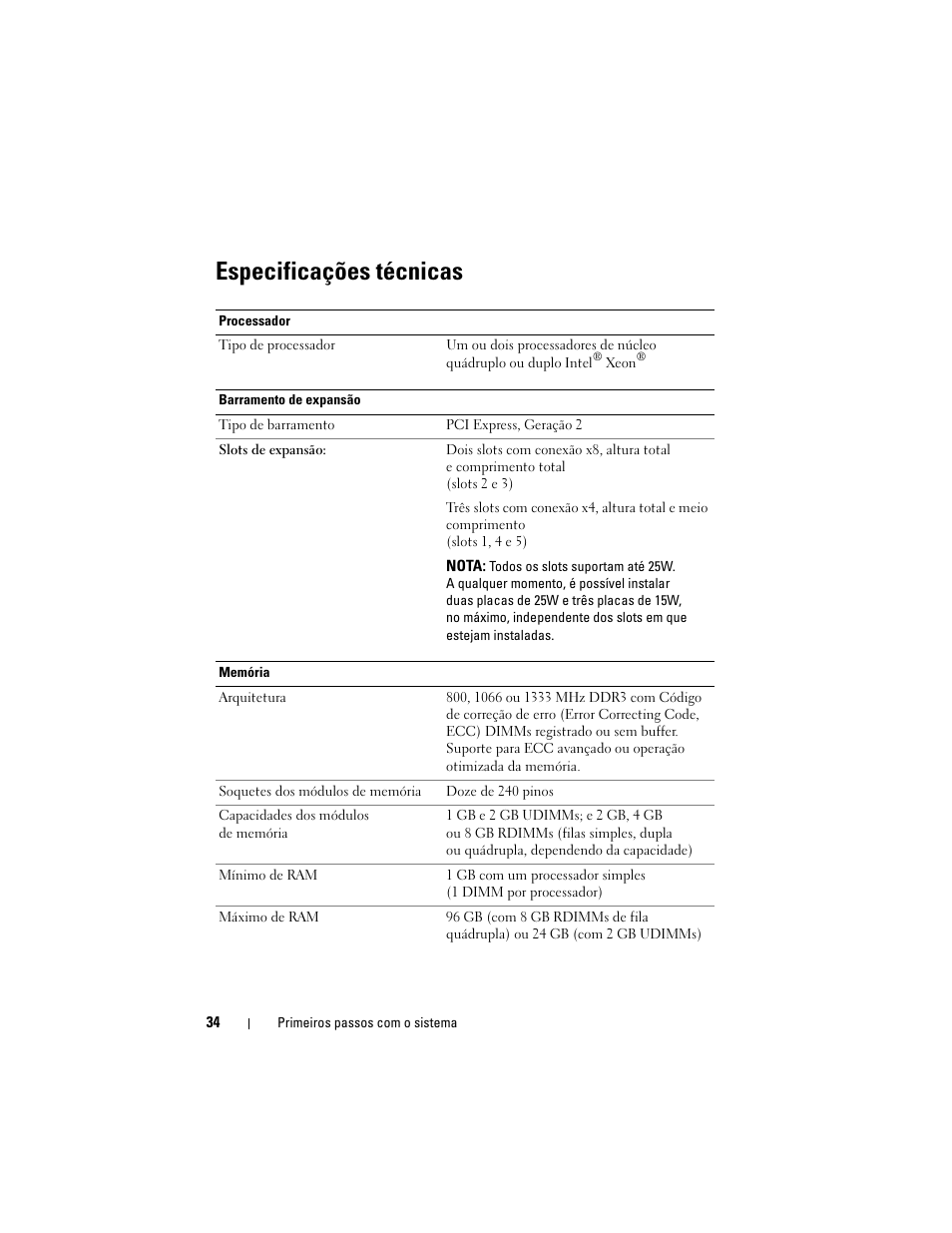 Especificações técnicas | Dell PowerEdge T610 User Manual | Page 36 / 54