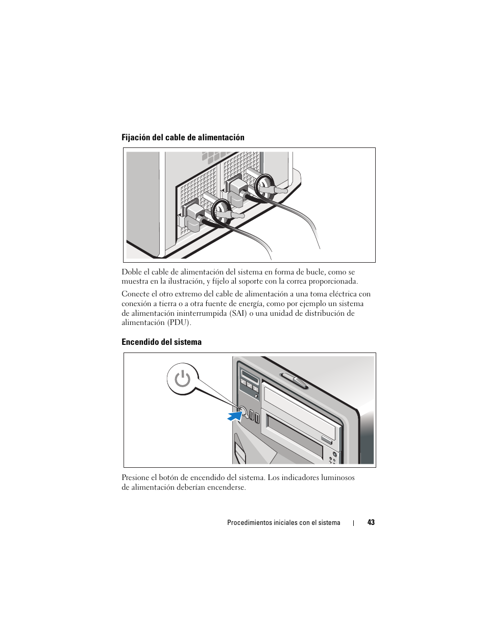 Fijación del cable de alimentación, Encendido del sistema | Dell PowerEdge T610 User Manual | Page 45 / 54