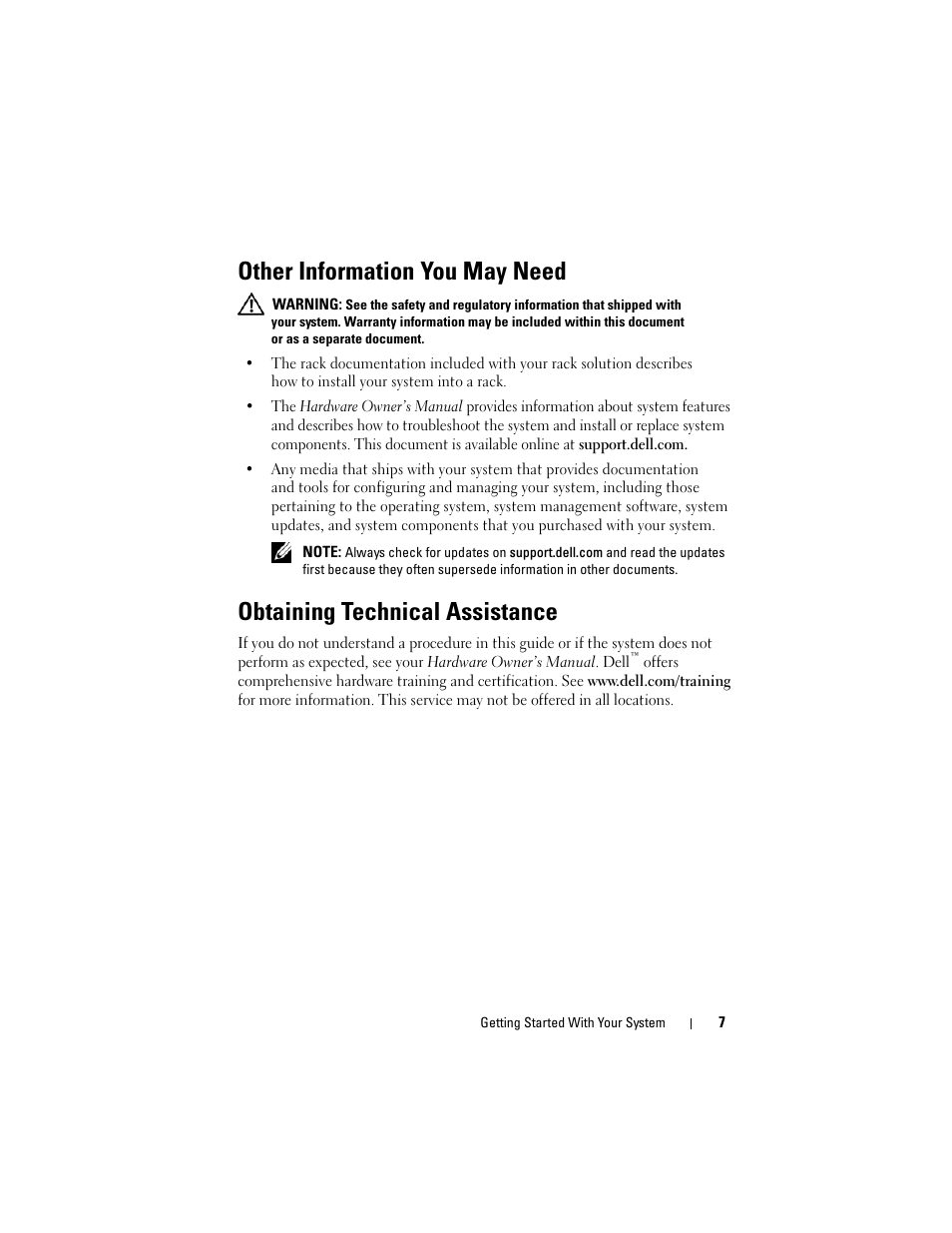 Other information you may need, Obtaining technical assistance | Dell PowerEdge T610 User Manual | Page 9 / 54