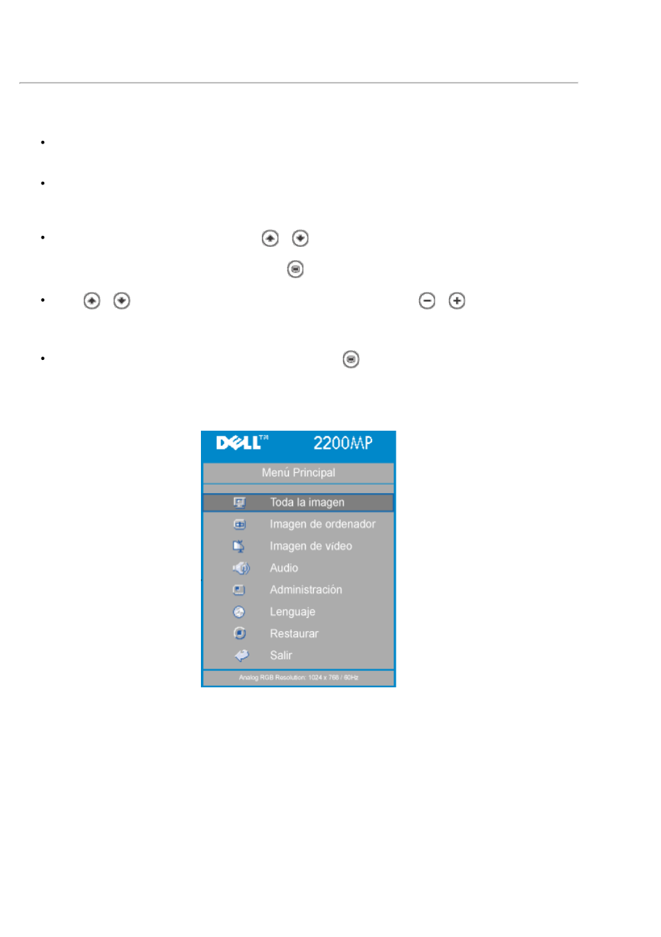 Menús de visualización en pantalla, Menú | Dell Projector 2200MP User Manual | Page 16 / 53