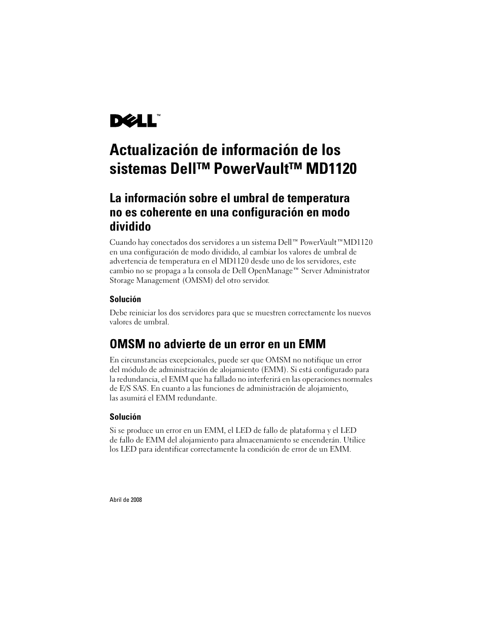 Solución, Omsm no advierte de un error en un emm | Dell PowerVault MD1120 User Manual | Page 13 / 14