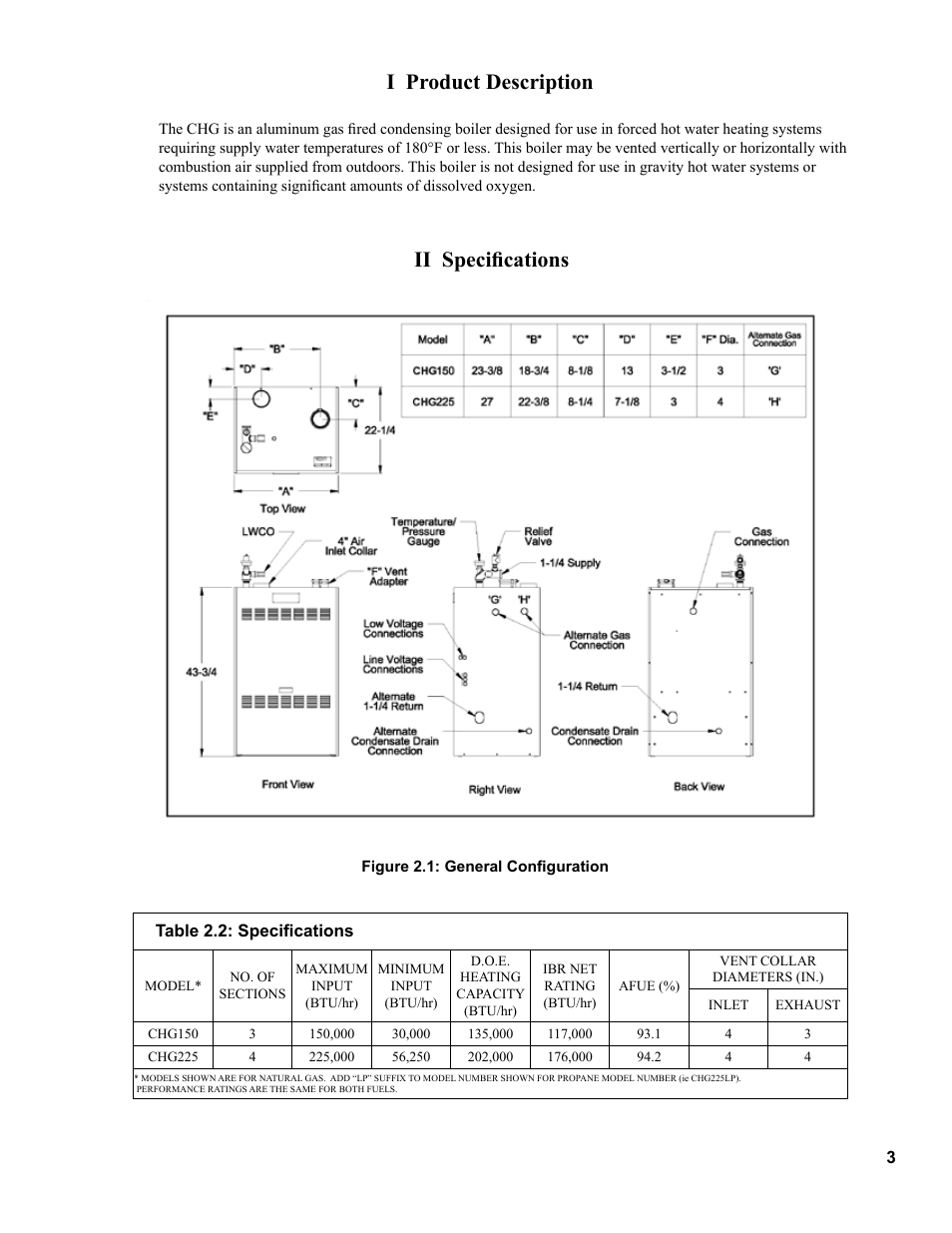 I product description, Ii specifications | Burnham CHG225 User Manual | Page 3 / 72
