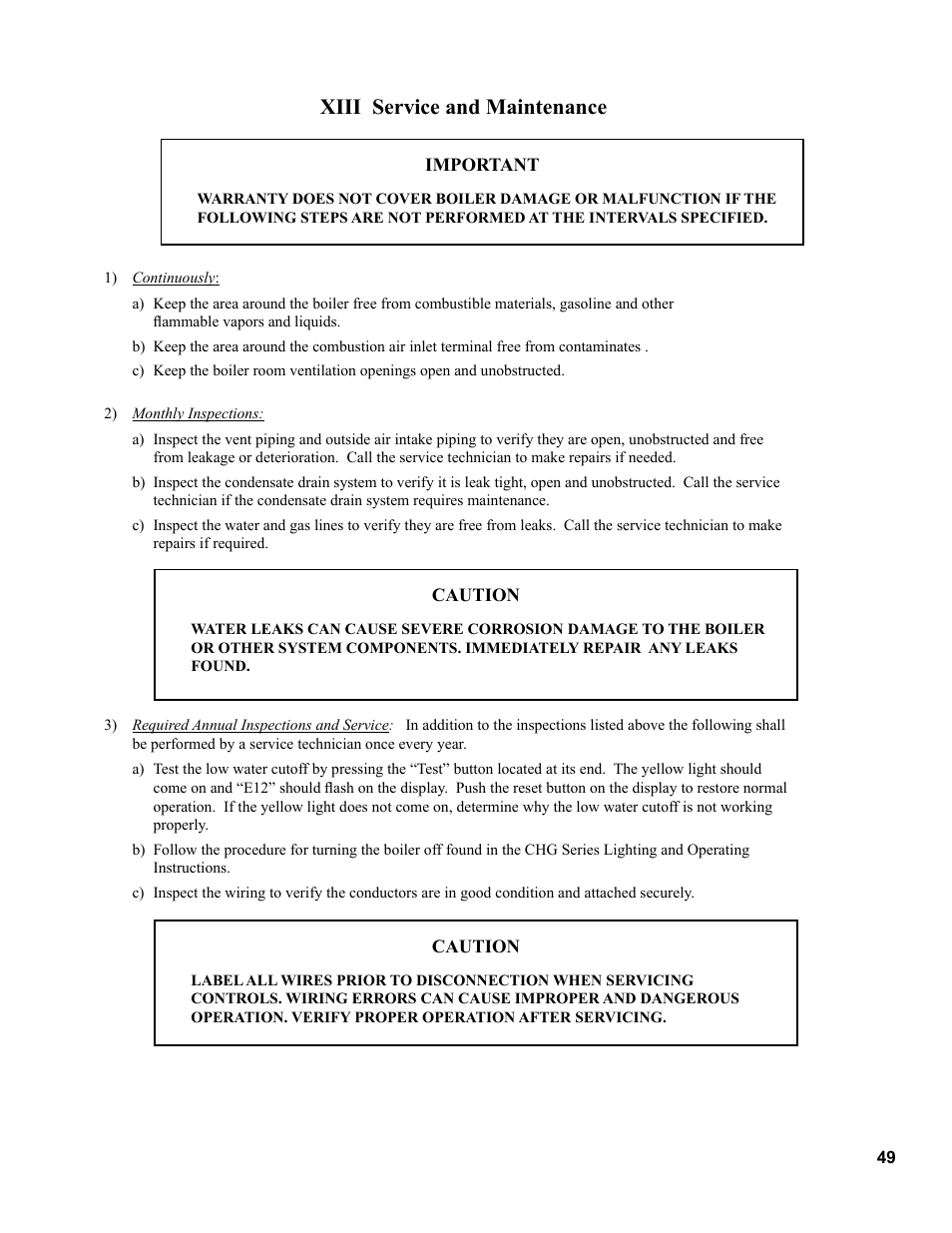 Xiii service and maintenance | Burnham CHG225 User Manual | Page 49 / 72