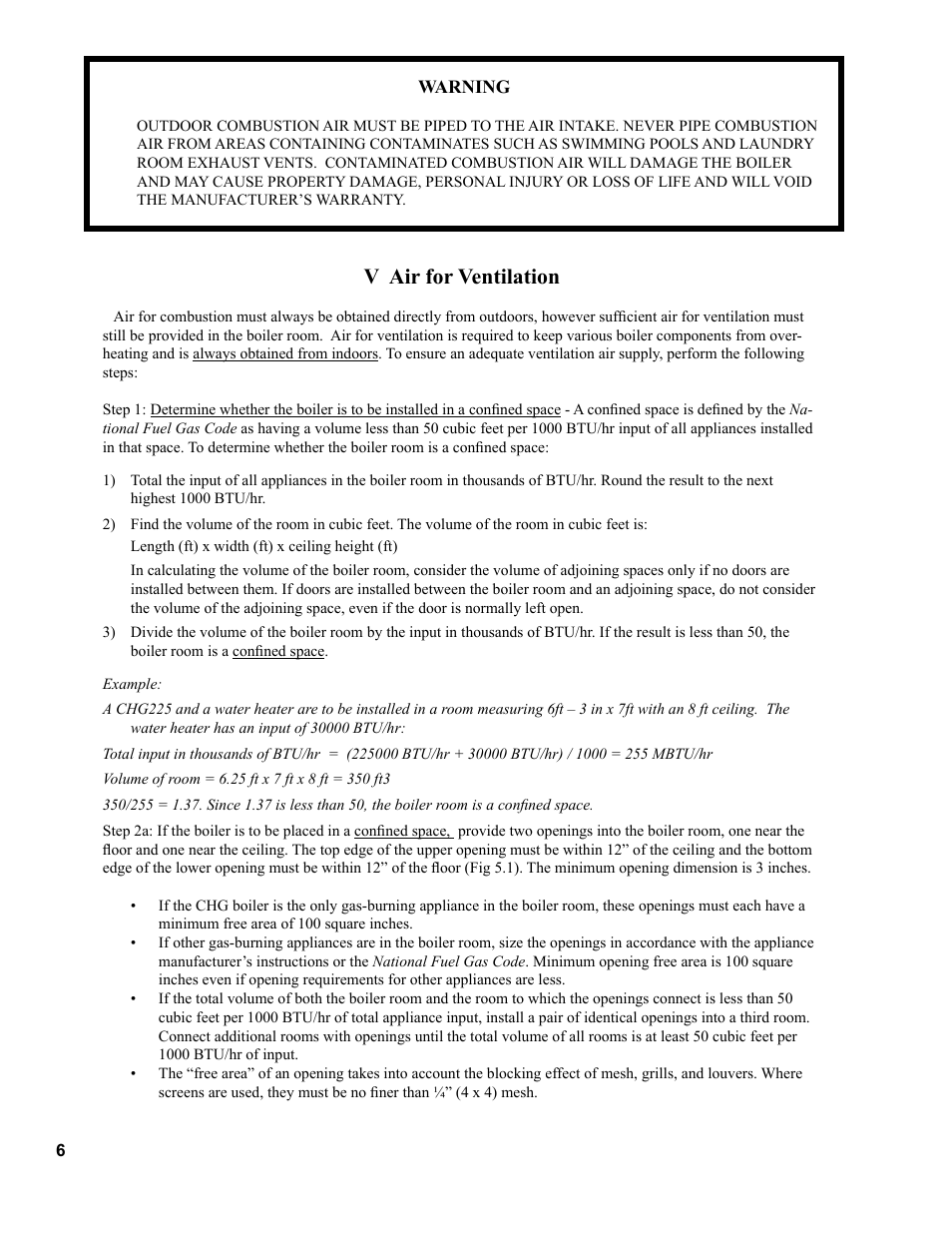 V air for ventilation | Burnham CHG225 User Manual | Page 6 / 72