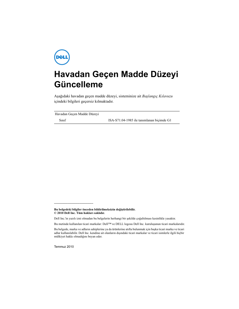 Havadan geçen madde düzeyi güncelleme | Dell PowerEdge T110 User Manual | Page 29 / 32