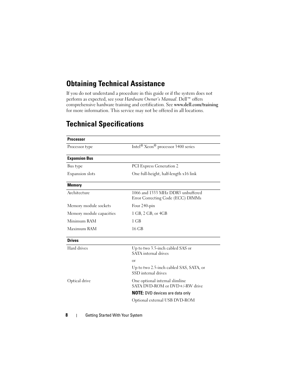 Obtaining technical assistance, Technical specifications | Dell PowerEdge R210 User Manual | Page 10 / 50