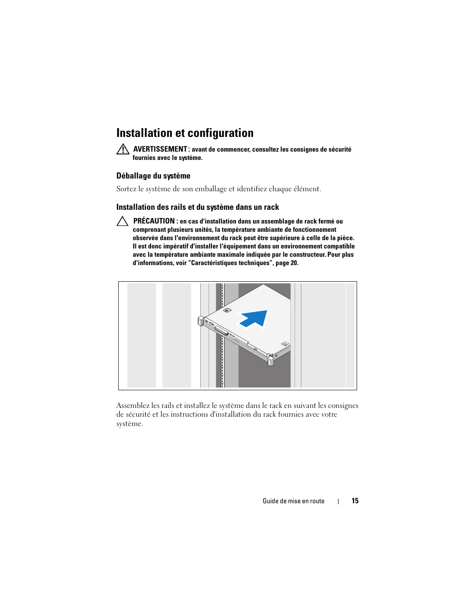 Installation et configuration, Déballage du système, Installation des rails et du système dans un rack | Dell PowerEdge R210 User Manual | Page 17 / 50