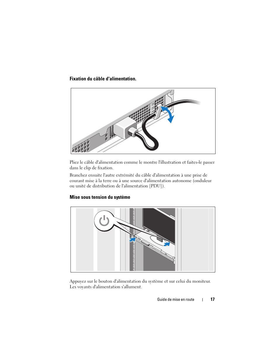 Fixation du câble d'alimentation, Mise sous tension du système | Dell PowerEdge R210 User Manual | Page 19 / 50