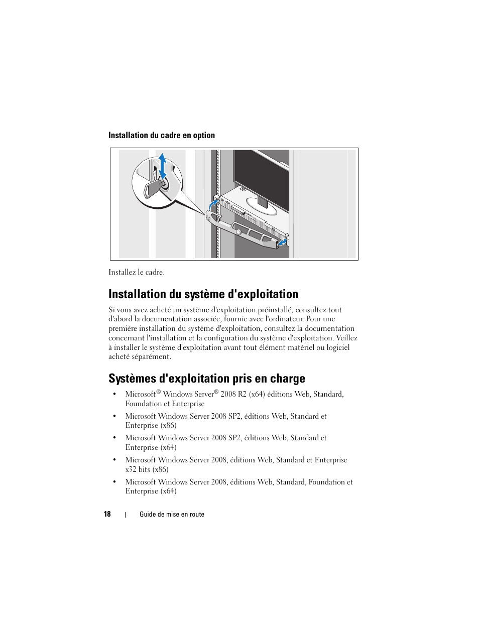 Installation du cadre en option, Installation du système d'exploitation, Systèmes d'exploitation pris en charge | Dell PowerEdge R210 User Manual | Page 20 / 50