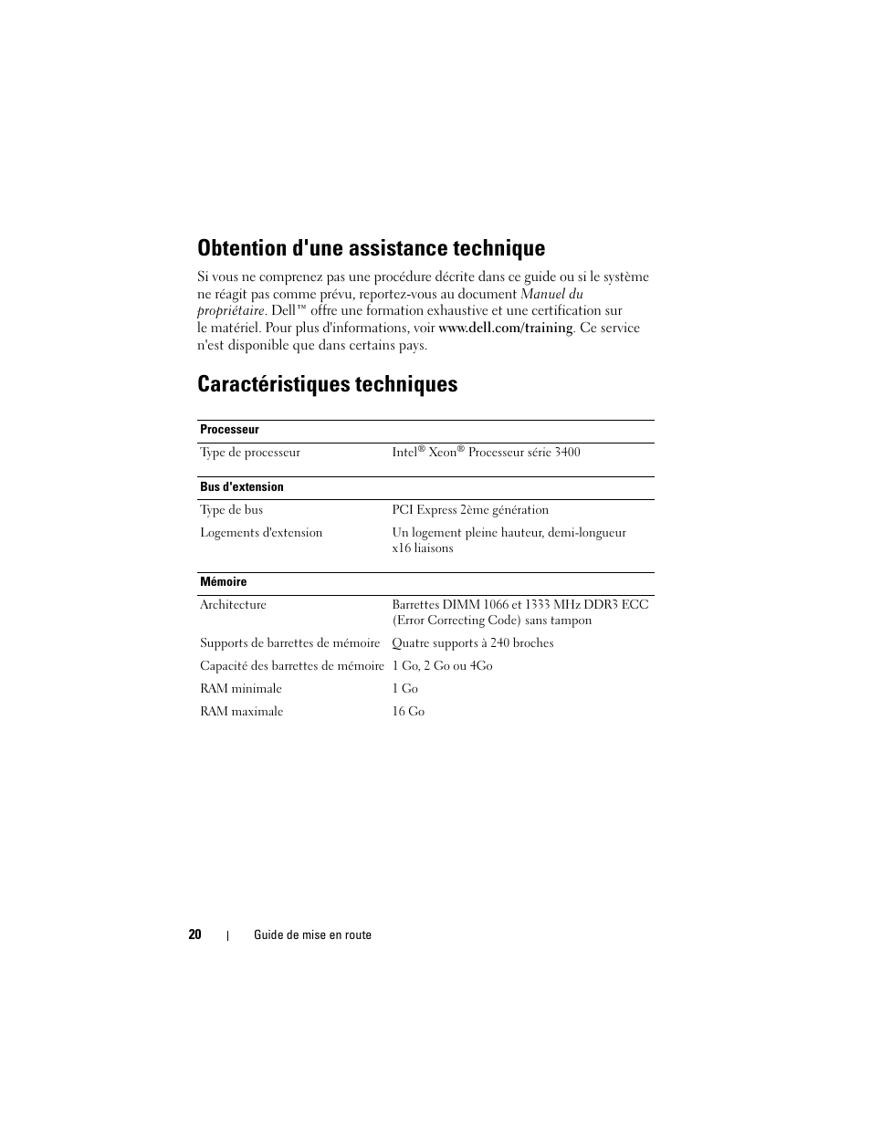 Obtention d'une assistance technique, Caractéristiques techniques | Dell PowerEdge R210 User Manual | Page 22 / 50