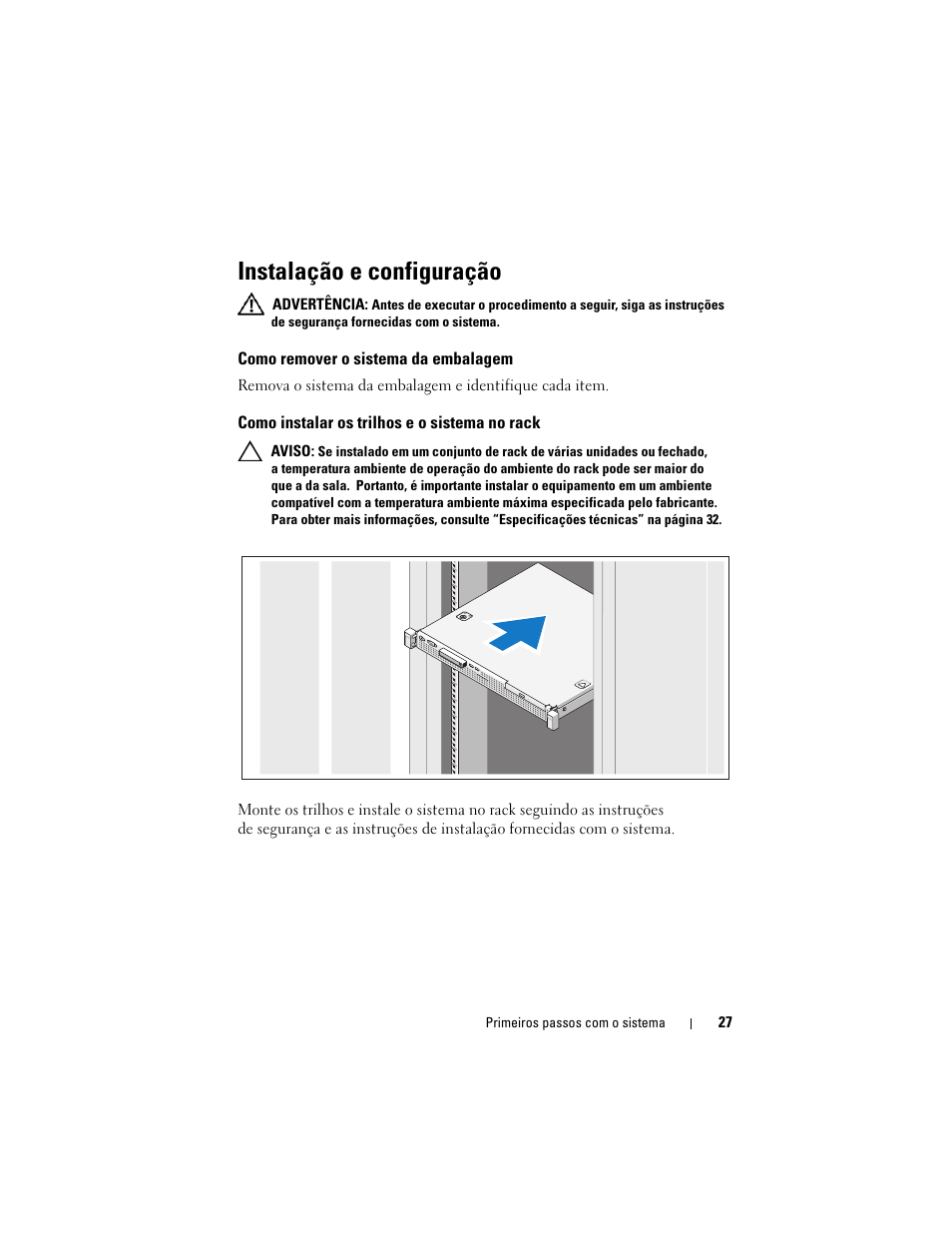 Instalação e configuração, Como remover o sistema da embalagem, Como instalar os trilhos e o sistema no rack | Dell PowerEdge R210 User Manual | Page 29 / 50