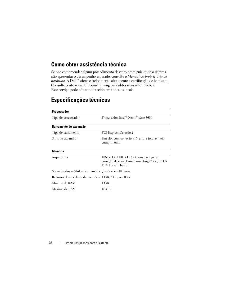 Como obter assistência técnica, Especificações técnicas | Dell PowerEdge R210 User Manual | Page 34 / 50