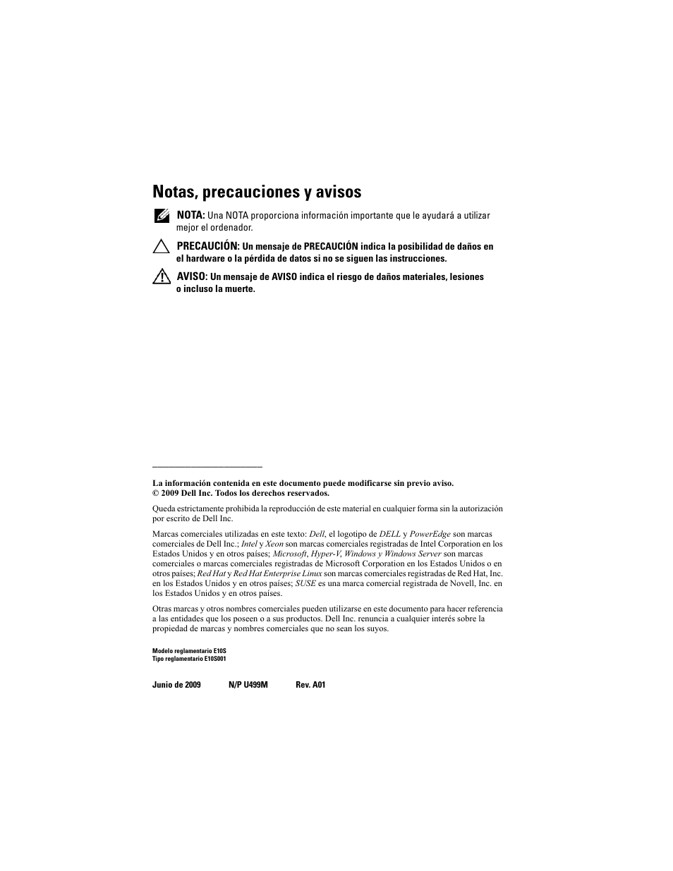 Notas, precauciones y avisos | Dell PowerEdge R210 User Manual | Page 40 / 50