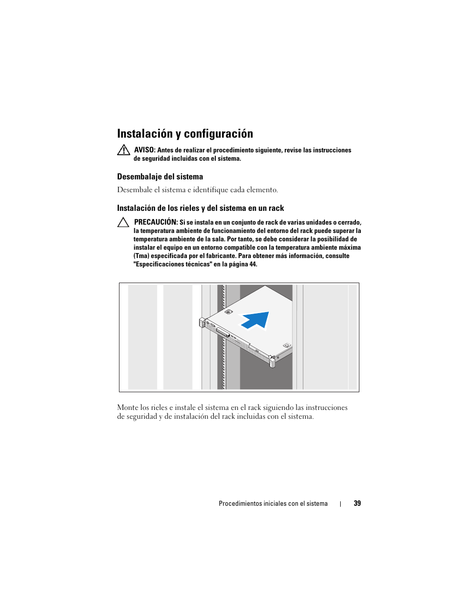 Instalación y configuración, Desembalaje del sistema, Instalación de los rieles y del sistema en un rack | Dell PowerEdge R210 User Manual | Page 41 / 50