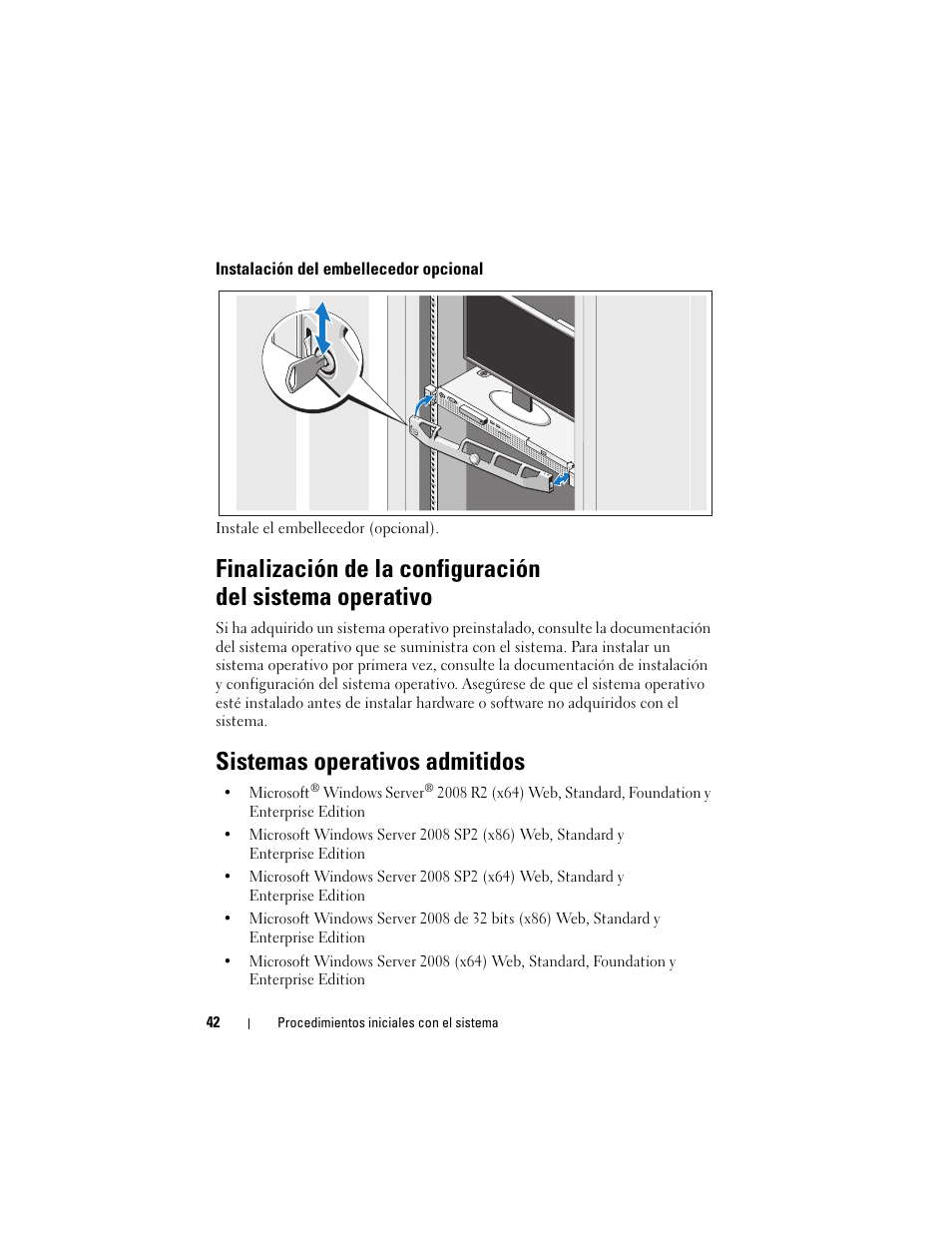 Instalación del embellecedor opcional, Sistemas operativos admitidos | Dell PowerEdge R210 User Manual | Page 44 / 50