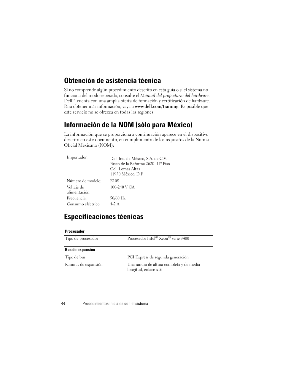 Obtención de asistencia técnica, Información de la nom (sólo para méxico), Especificaciones técnicas | Dell PowerEdge R210 User Manual | Page 46 / 50