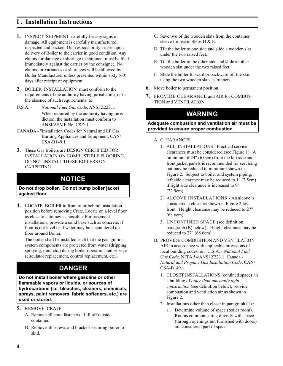 I . installation instructions, Notice, Danger | Warning | Burnham Series 2B User Manual | Page 4 / 52