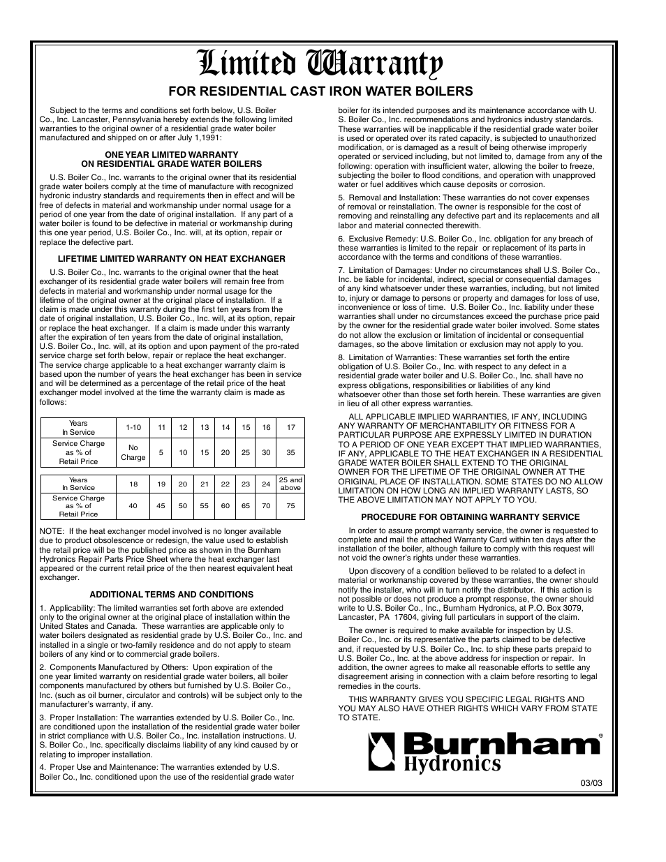 Limited warranty, For residential cast iron water boilers | Burnham Series 2B User Manual | Page 52 / 52