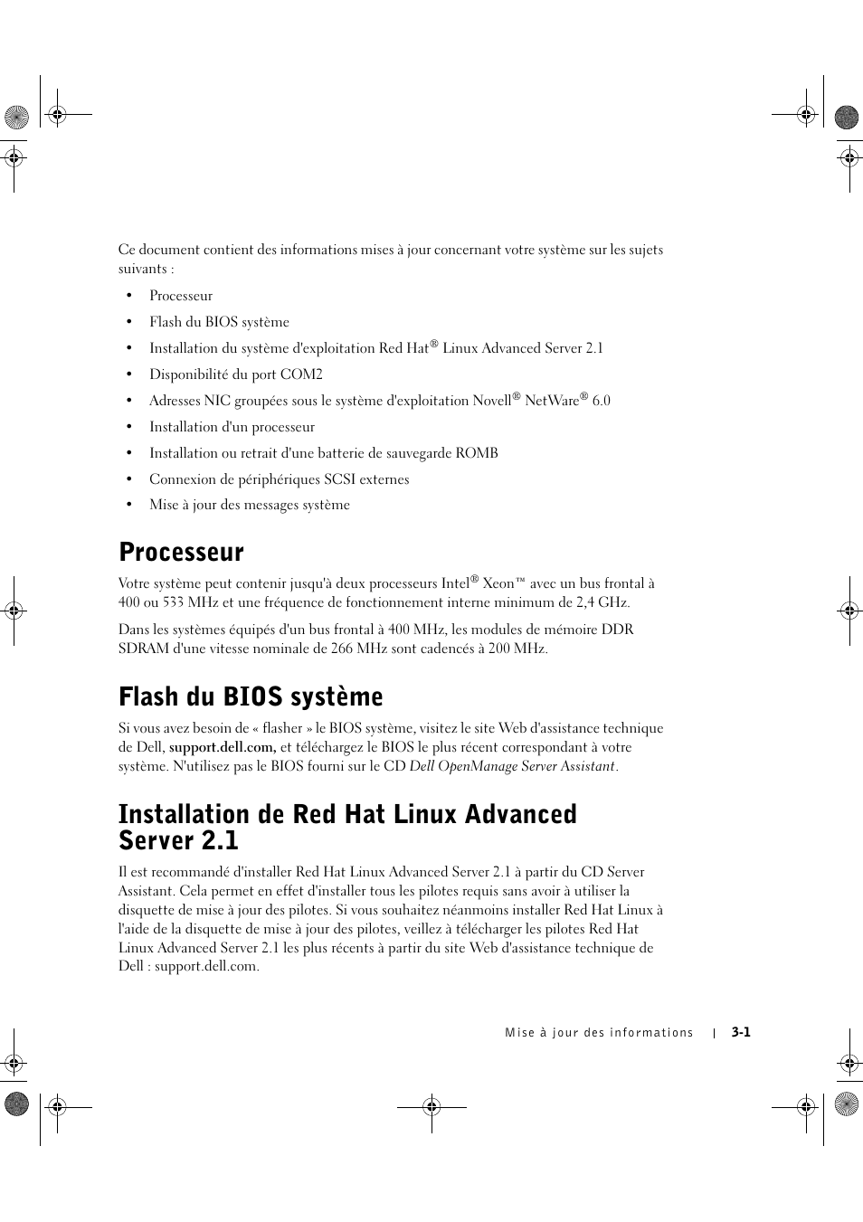 Processeur, Flash du bios système, Installation de red hat linux advanced server 2.1 | Dell PowerEdge 1750 User Manual | Page 21 / 72
