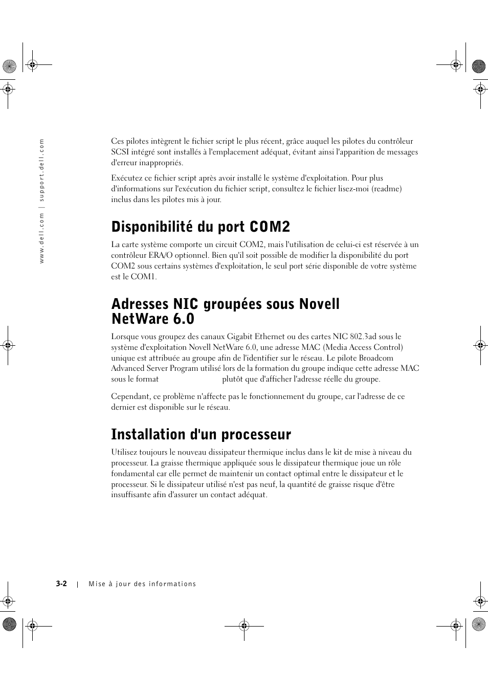 Disponibilité du port com2, Adresses nic groupées sous novell netware 6.0, Installation d'un processeur | Dell PowerEdge 1750 User Manual | Page 22 / 72