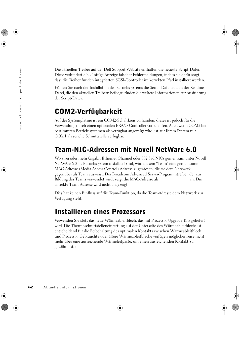 Com2-verfügbarkeit, Team-nic-adressen mit novell netware 6.0, Installieren eines prozessors | Dell PowerEdge 1750 User Manual | Page 32 / 72