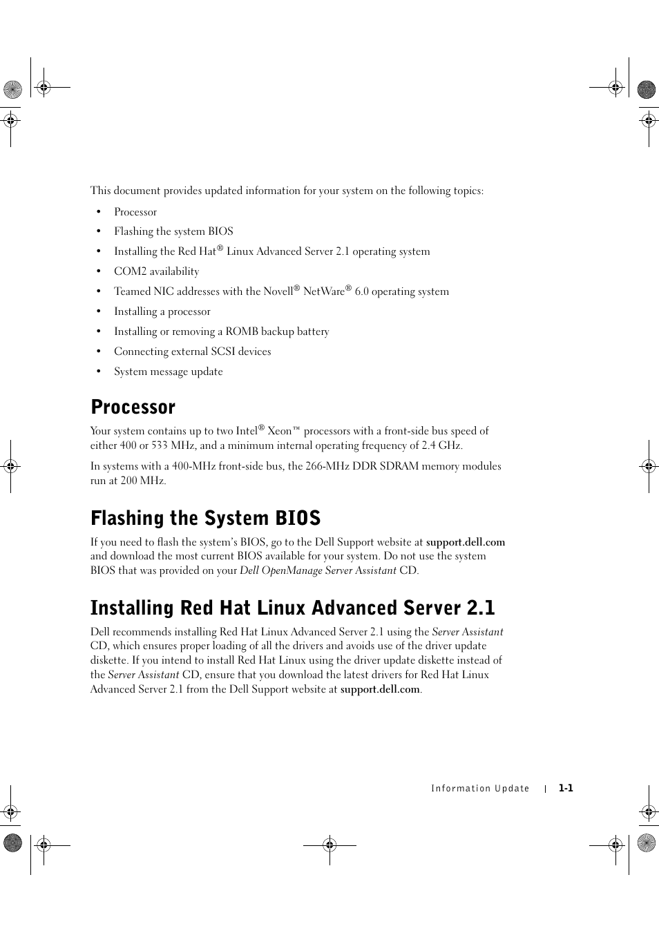 Processor, Flashing the system bios, Installing red hat linux advanced server 2.1 | Dell PowerEdge 1750 User Manual | Page 5 / 72