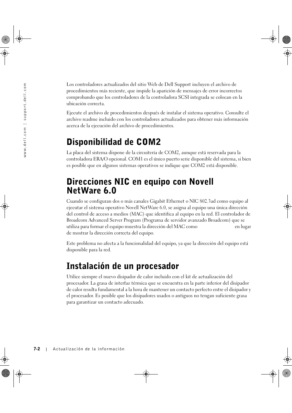 Disponibilidad de com2, Direcciones nic en equipo con novell netware 6.0, Instalación de un procesador | Dell PowerEdge 1750 User Manual | Page 58 / 72