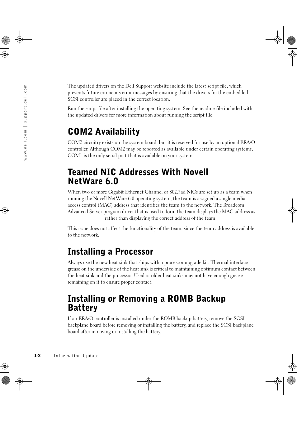 Com2 availability, Teamed nic addresses with novell netware 6.0, Installing a processor | Installing or removing a romb backup battery | Dell PowerEdge 1750 User Manual | Page 6 / 72