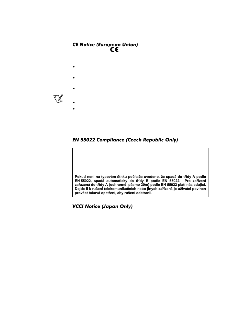 Ce notice (european union), En 55022 compliance (czech republic only), Vcci notice (japan only) | Ce notice (european union) -14, En 55022 compliance (czech republic only) -14, Vcci notice (japan only) -14 | Dell Inspiron 8100 User Manual | Page 18 / 158