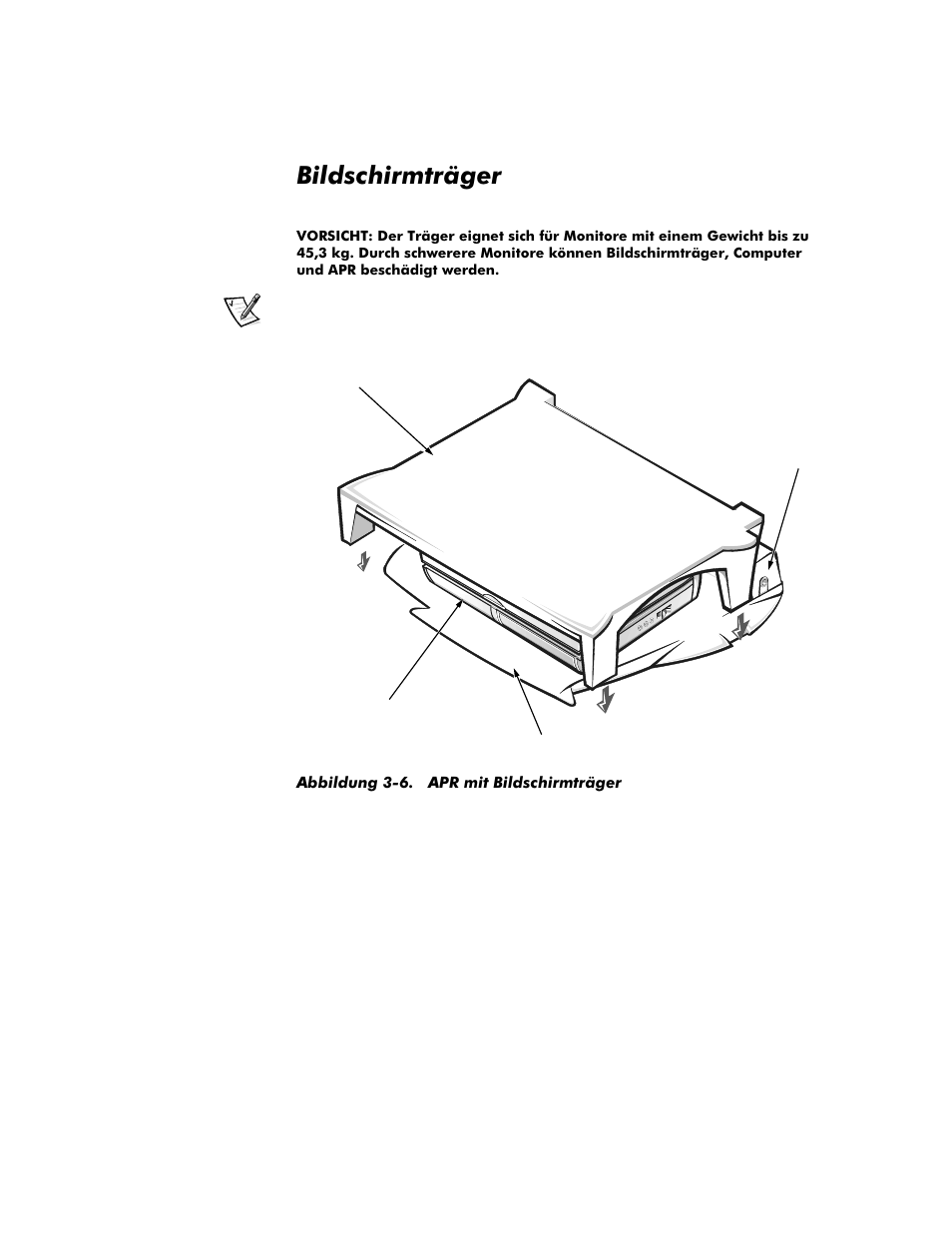 Bildschirmträger, Bildschirmträger -7, Abbildung 3-6 | Apr mit bildschirmträger -7 | Dell Inspiron 8100 User Manual | Page 73 / 158