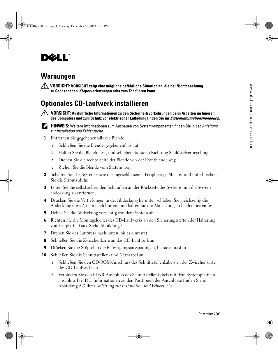 Warnungen, Optionales cd-laufwerk installieren | Dell PowerEdge 750 User Manual | Page 13 / 28