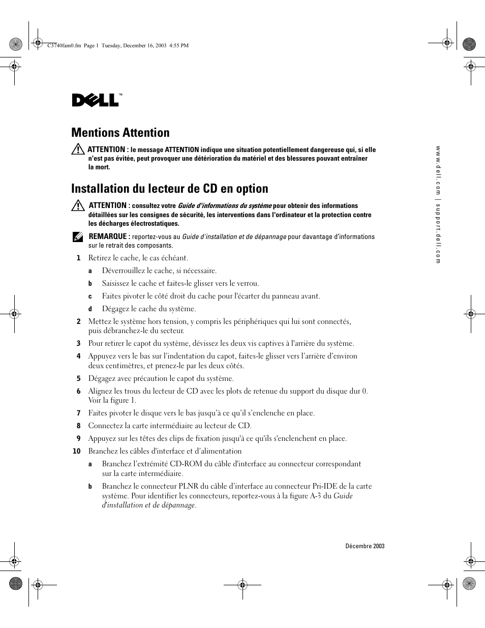 Mentions attention, Installation du lecteur de cd en option | Dell PowerEdge 750 User Manual | Page 9 / 28