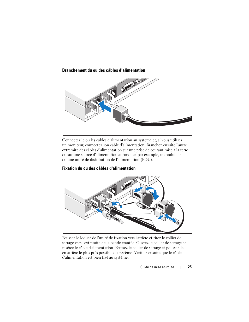 Branchement du ou des câbles d'alimentation, Fixation du ou des câbles d'alimentation | Dell PowerEdge C1100 User Manual | Page 27 / 66