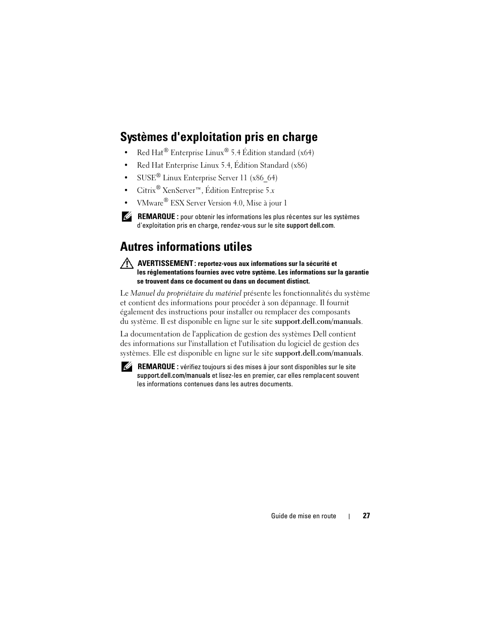 Systèmes d'exploitation pris en charge, Autres informations utiles | Dell PowerEdge C1100 User Manual | Page 29 / 66