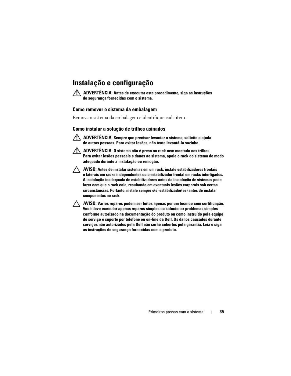 Instalação e configuração, Como remover o sistema da embalagem, Como instalar a solução de trilhos usinados | Dell PowerEdge C1100 User Manual | Page 37 / 66