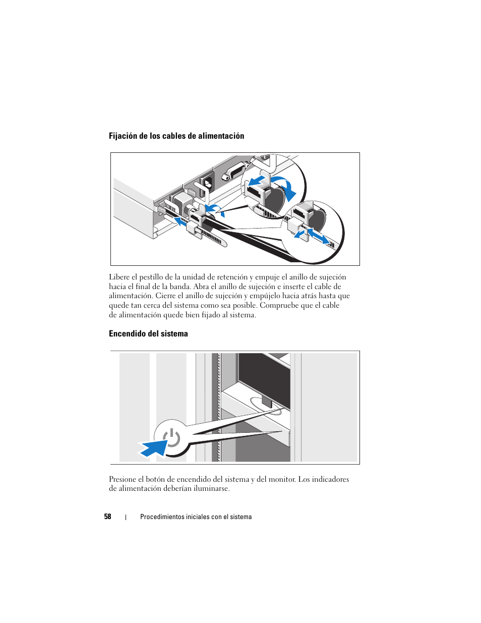 Fijación de los cables de alimentación, Encendido del sistema | Dell PowerEdge C1100 User Manual | Page 60 / 66