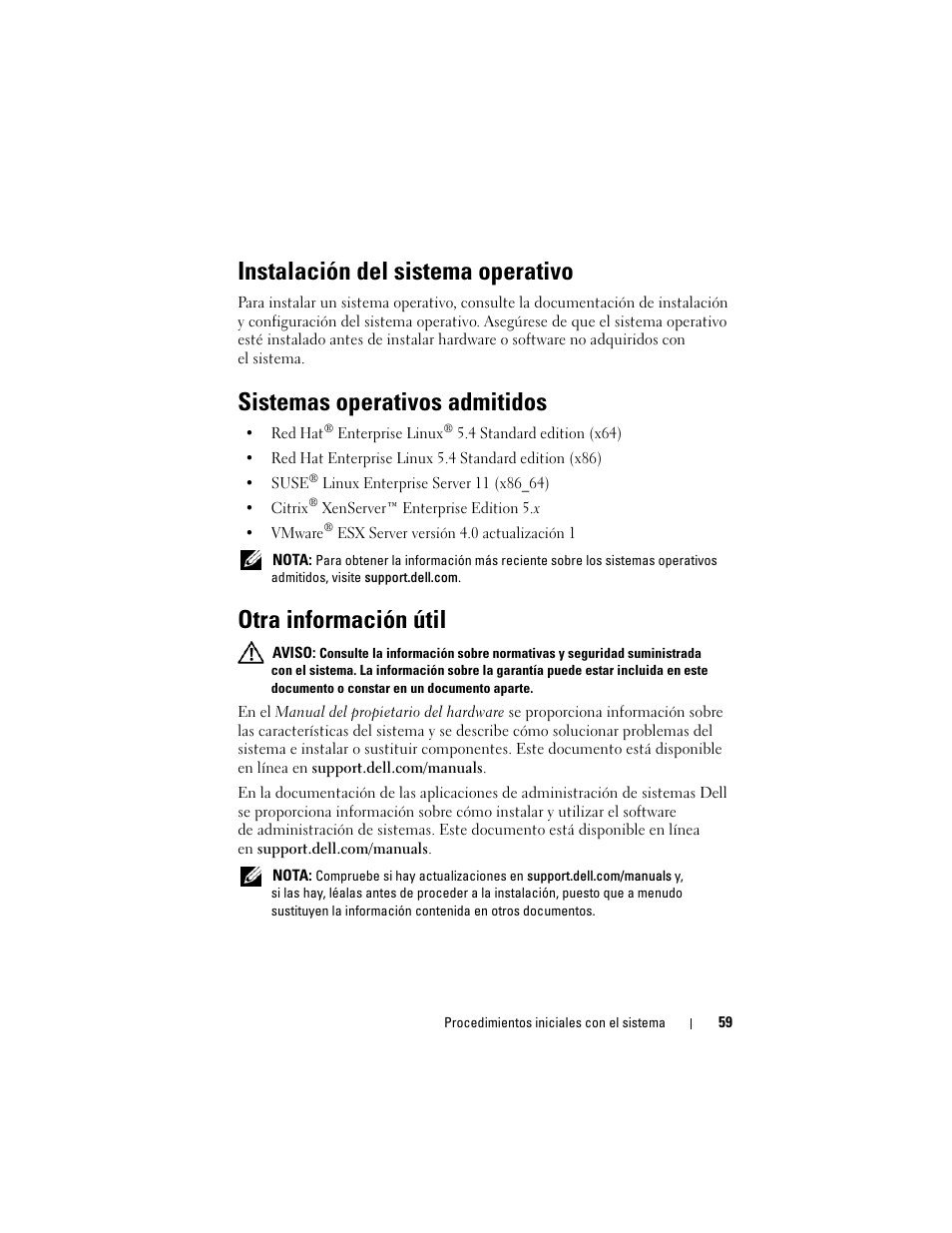 Instalación del sistema operativo, Sistemas operativos admitidos, Otra información útil | Dell PowerEdge C1100 User Manual | Page 61 / 66