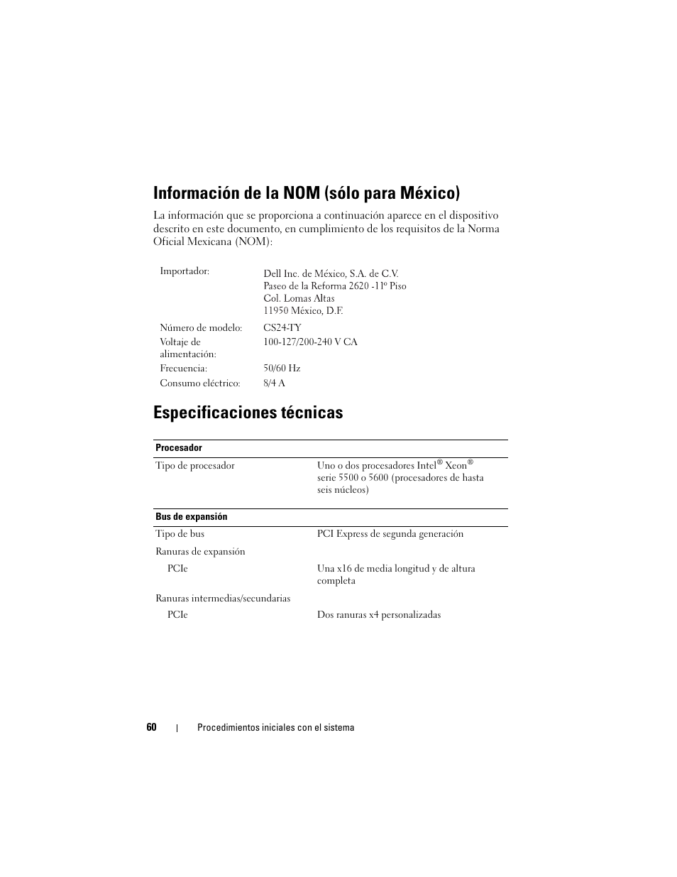 Información de la nom (sólo para méxico), Especificaciones técnicas | Dell PowerEdge C1100 User Manual | Page 62 / 66