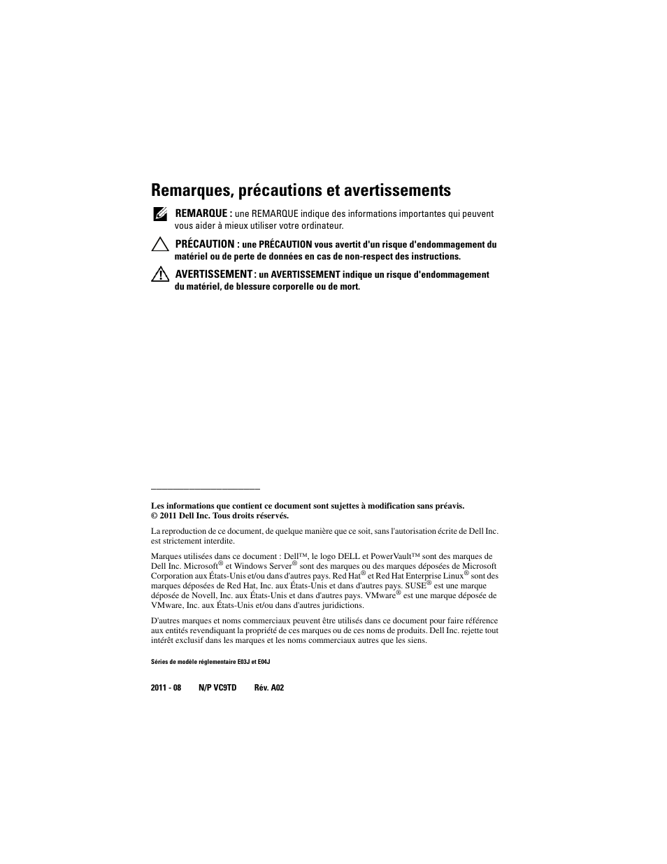 Remarques, précautions et avertissements | Dell PowerVault MD3200 User Manual | Page 20 / 76