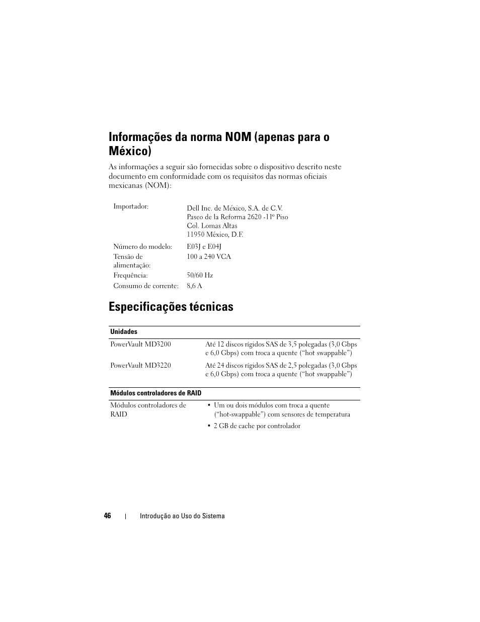 Informações da norma nom (apenas para o méxico), Especificações técnicas | Dell PowerVault MD3200 User Manual | Page 48 / 76