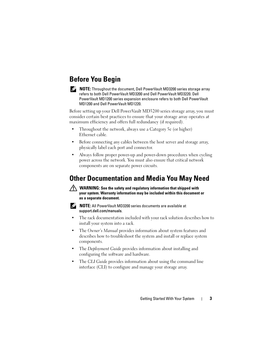 Before you begin, Other documentation and media you may need | Dell PowerVault MD3200 User Manual | Page 5 / 76