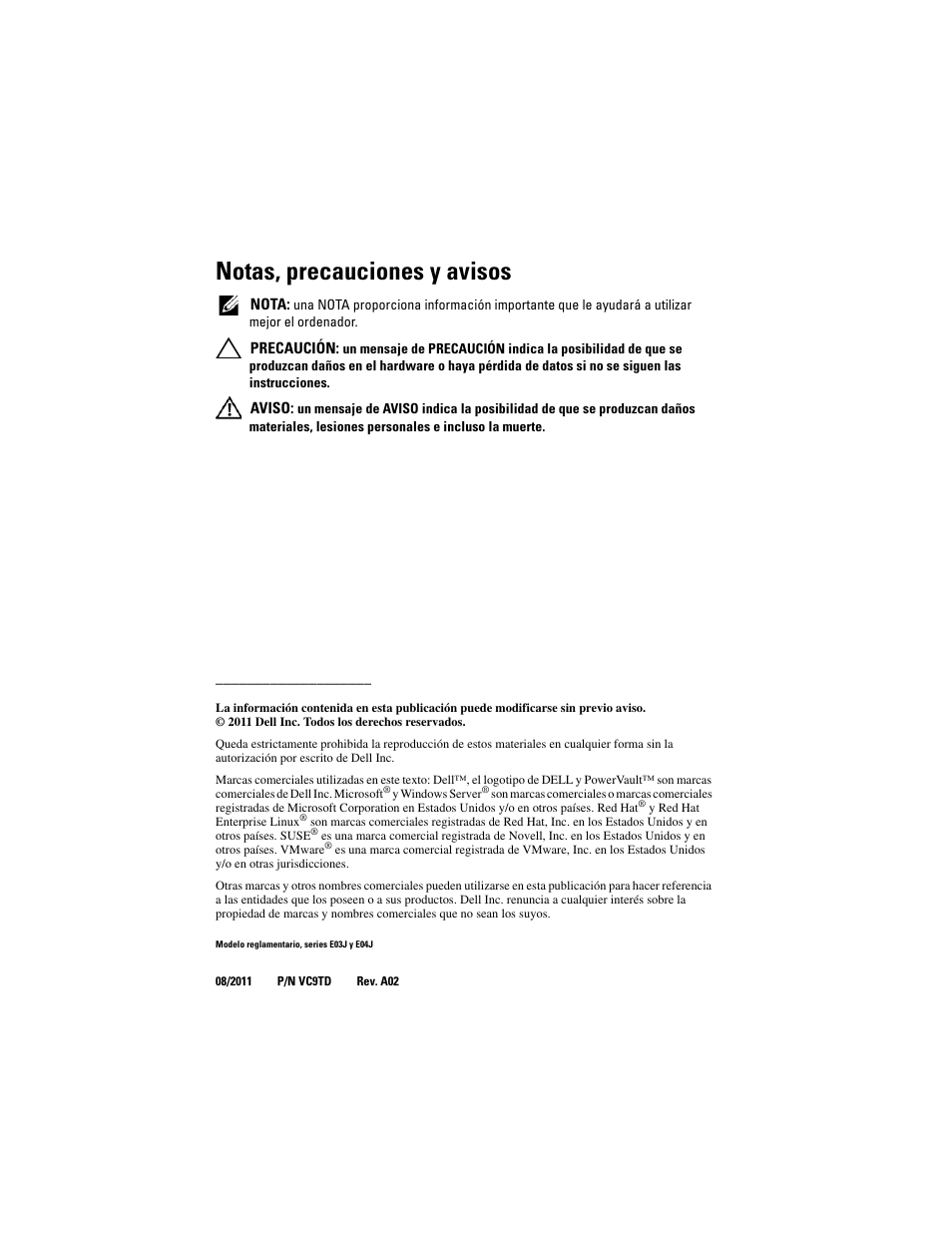 Notas, precauciones y avisos | Dell PowerVault MD3200 User Manual | Page 56 / 76