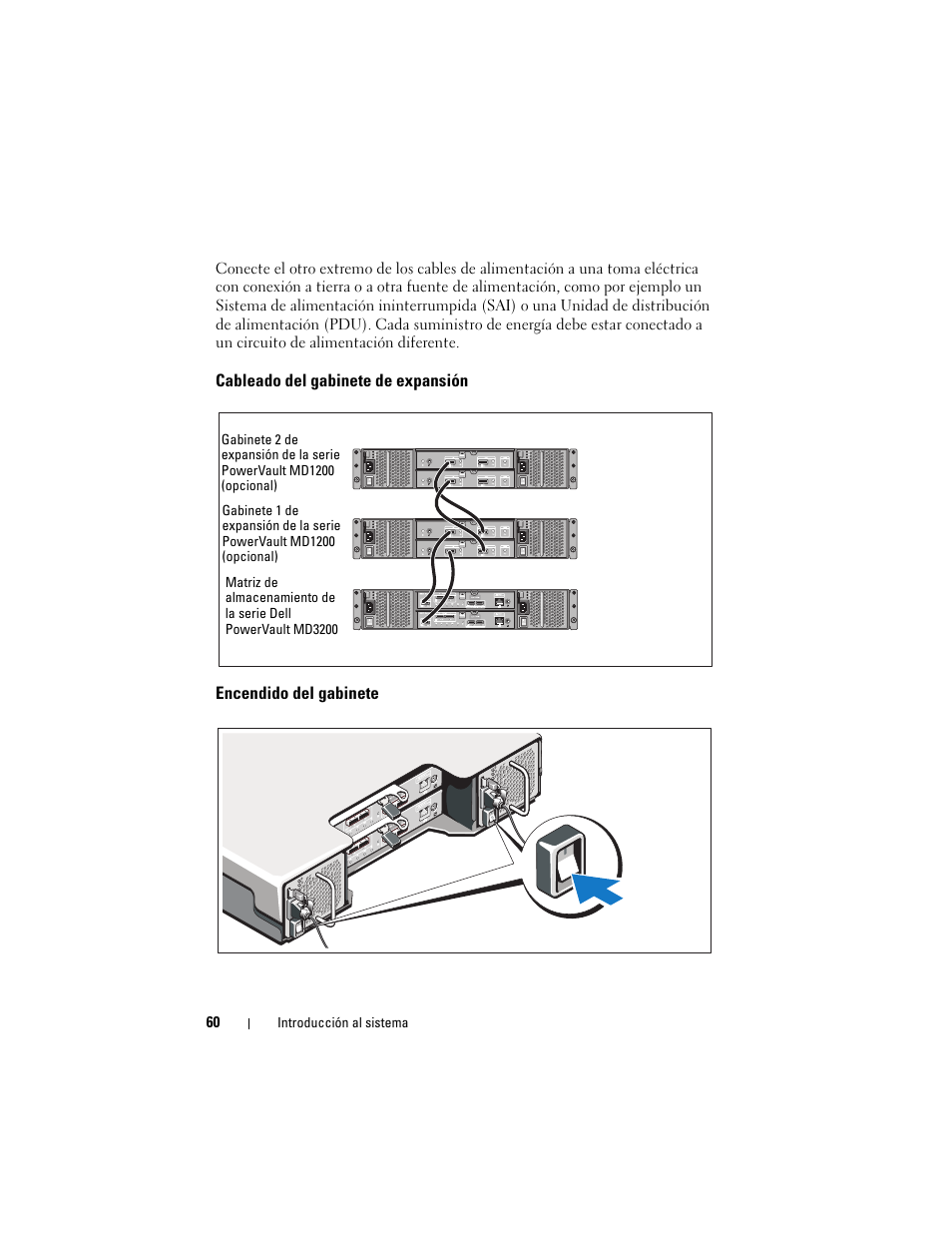 Cableado del gabinete de expansión, Encendido del gabinete | Dell PowerVault MD3200 User Manual | Page 62 / 76