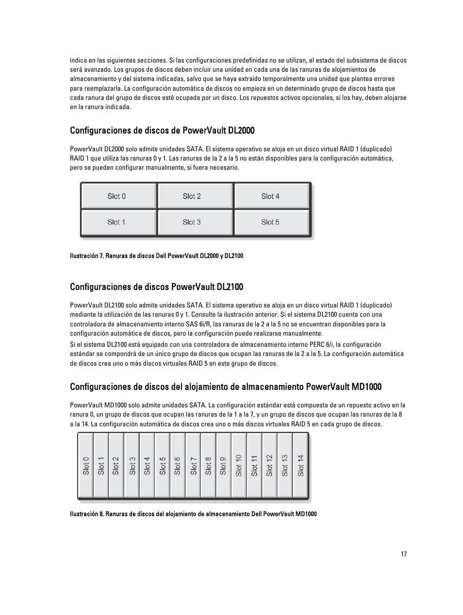 Configuraciones de discos de powervault dl2000, Configuraciones de discos powervault dl2100 | Dell PowerVault DL2200 CommVault User Manual | Page 17 / 65