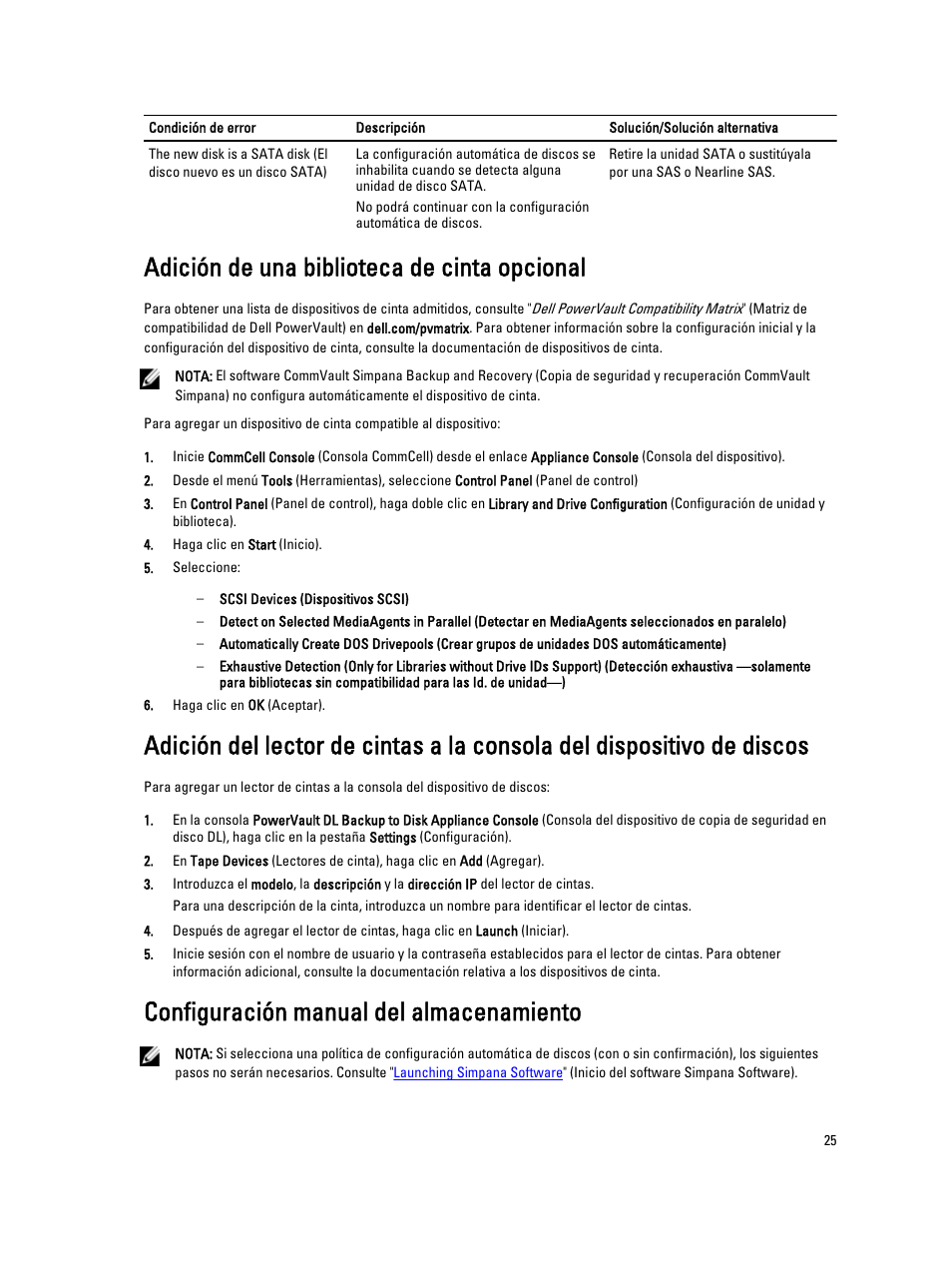 Adición de una biblioteca de cinta opcional, Configuración manual del almacenamiento | Dell PowerVault DL2200 CommVault User Manual | Page 25 / 65