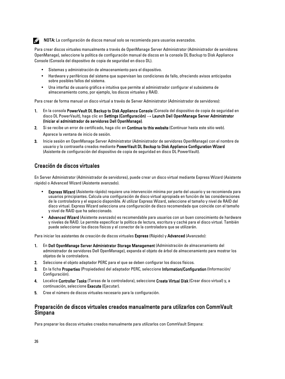 Creación de discos virtuales | Dell PowerVault DL2200 CommVault User Manual | Page 26 / 65