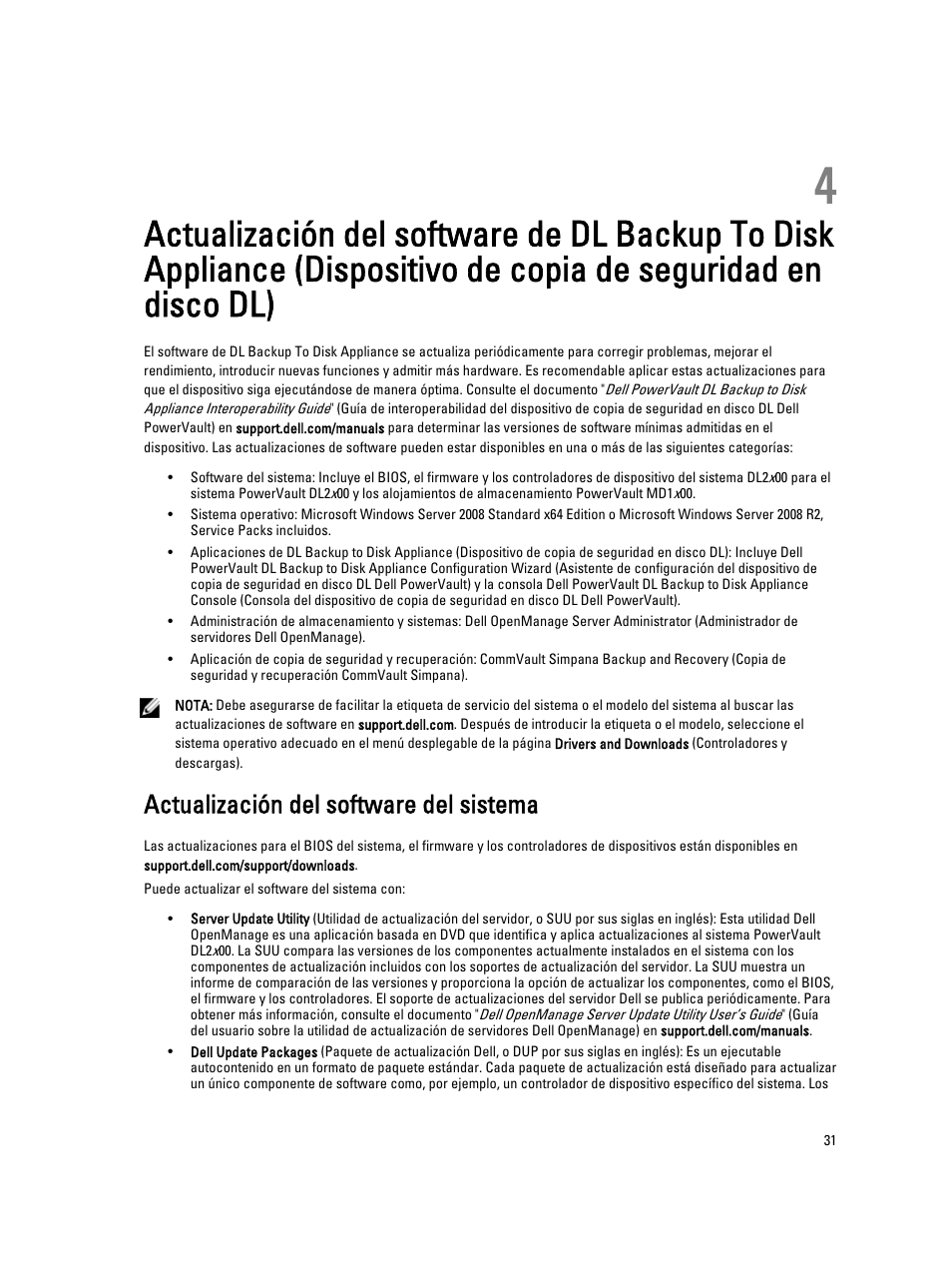 Actualización del software del sistema, Dispositivo de copia de seguridad en disco dl) | Dell PowerVault DL2200 CommVault User Manual | Page 31 / 65